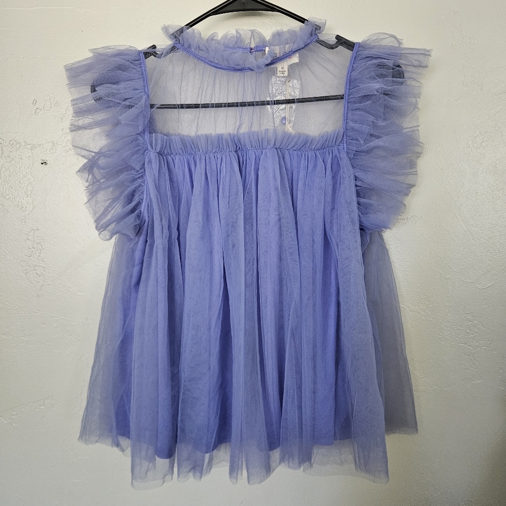 Bibi NWT Women's Medium Periwinkle Lavender Tulle Ruffle Top Short Sleeve Blouse